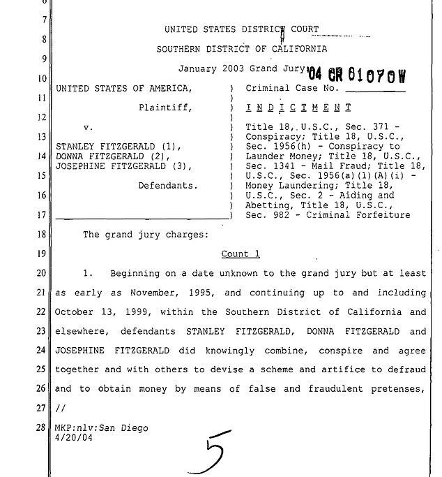 A 2003 indictment sets out the charges against them, that they 'did knowingly combine, conspire and agree together and with others to devise a scheme and artifice to defraud and to obtain money by means of false and fraudulent pretenses' as part of the scam