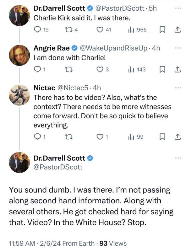 Scott revealed Kirk’s comment was made at the White House Twitter