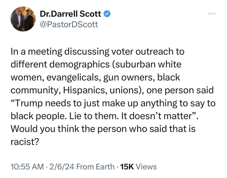 Darrell Scott’s tweet about a comment suggesting Trump lie to Black voters Twitter
