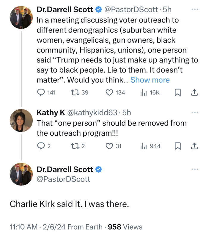 Darrell Scott identified Charlie Kirk as making the comment Twitter